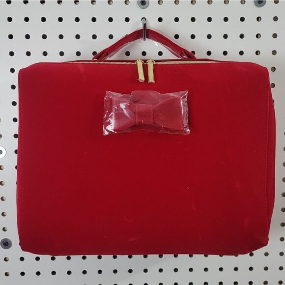Estée Lauder Cherry Red Velvetty Flocked Makeup Case / Cute Bow Handbag / Laptop - Picture 2 of 16